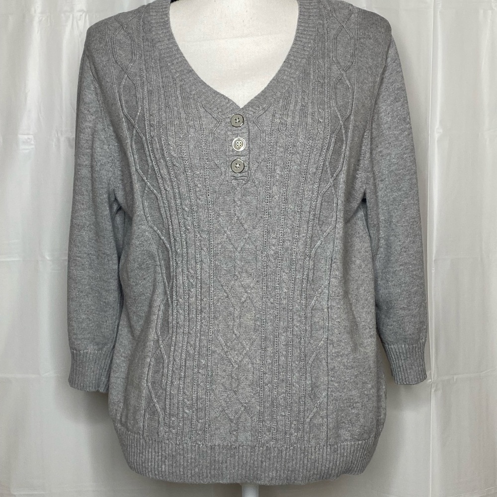 Women's Studio Works Sweater 100% Cotton V-Neck 3/4 Sleeve Buttons Gray Size XL